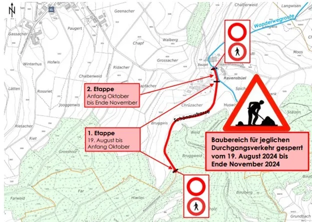 Die Bauarbeiten erfolgen in zwei Etappen. Man sieht eine Karte mit einer eingezeichneten Strassensperrung.